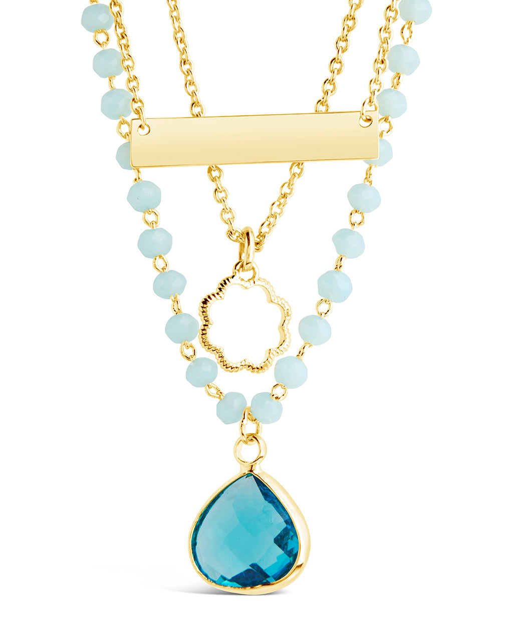 Turquoise CZ Stone & Rose Petal Layered Necklace Necklace Sterling Forever Gold 