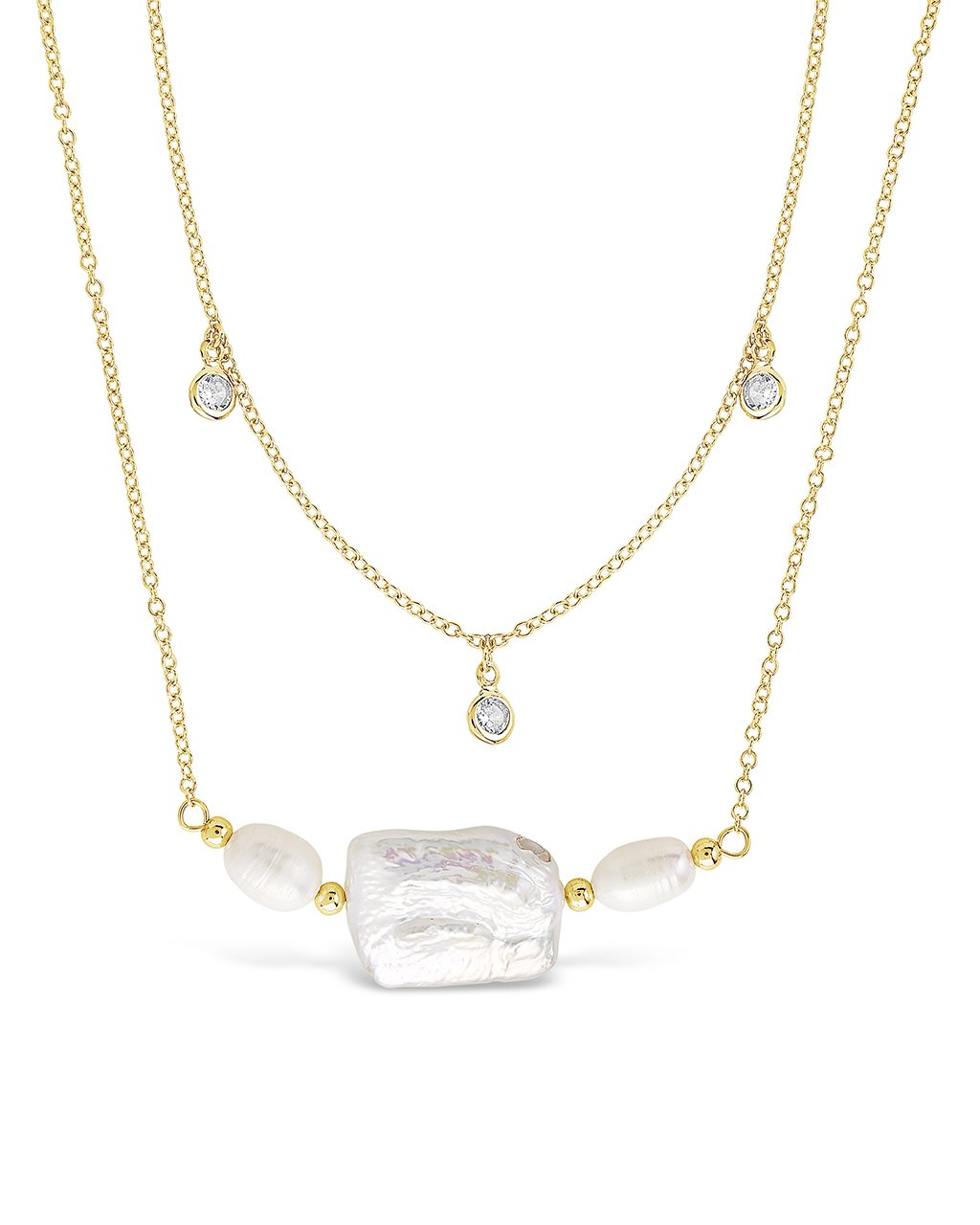Bezel CZ and Pearl Layered Necklace - Sterling Forever
