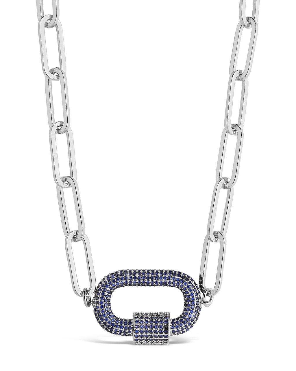 Pave CZ Carabiner Linked Lock Necklace Necklace Sterling Forever Silver Blue 