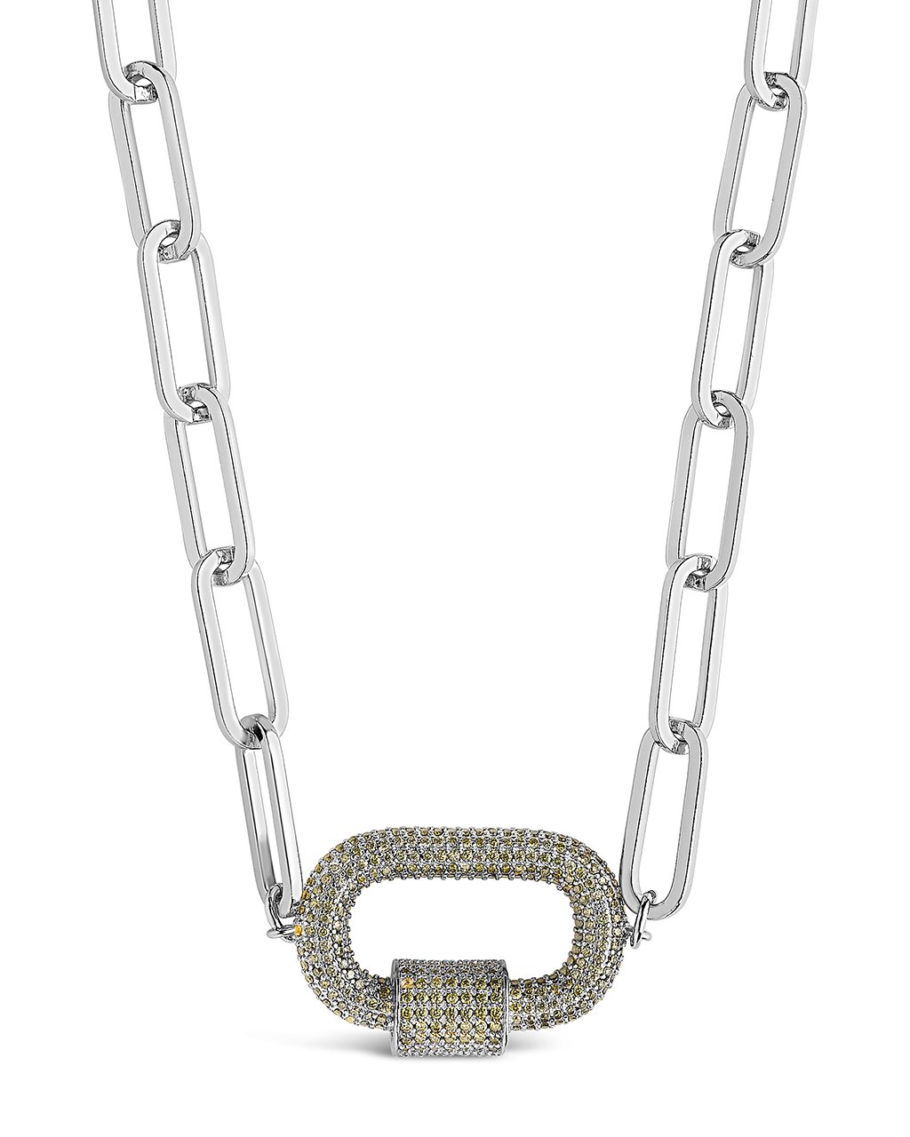 Pave CZ Carabiner Linked Lock Necklace Necklace Sterling Forever Silver Green 