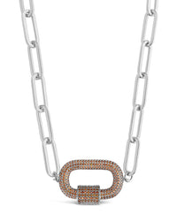 Pave CZ Carabiner Linked Lock Necklace Necklace Sterling Forever Silver Red 