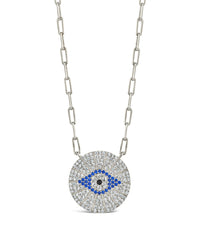 CZ Evil Eye Disk Pendant Necklace Sterling Forever Silver 