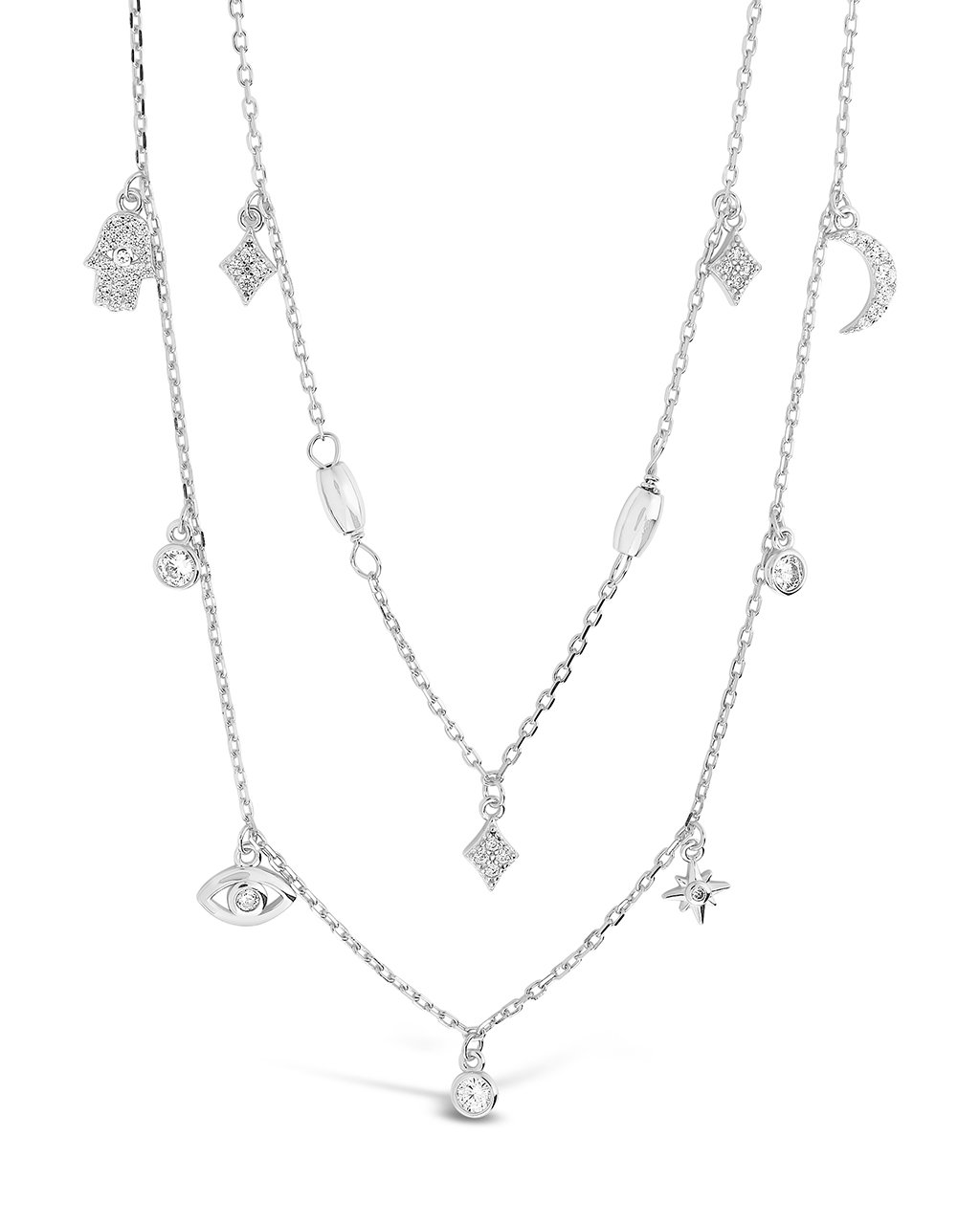 Sterling Silver CZ Evil Eye & Hamsa Layered Charm Necklace Necklace Sterling Forever Silver 