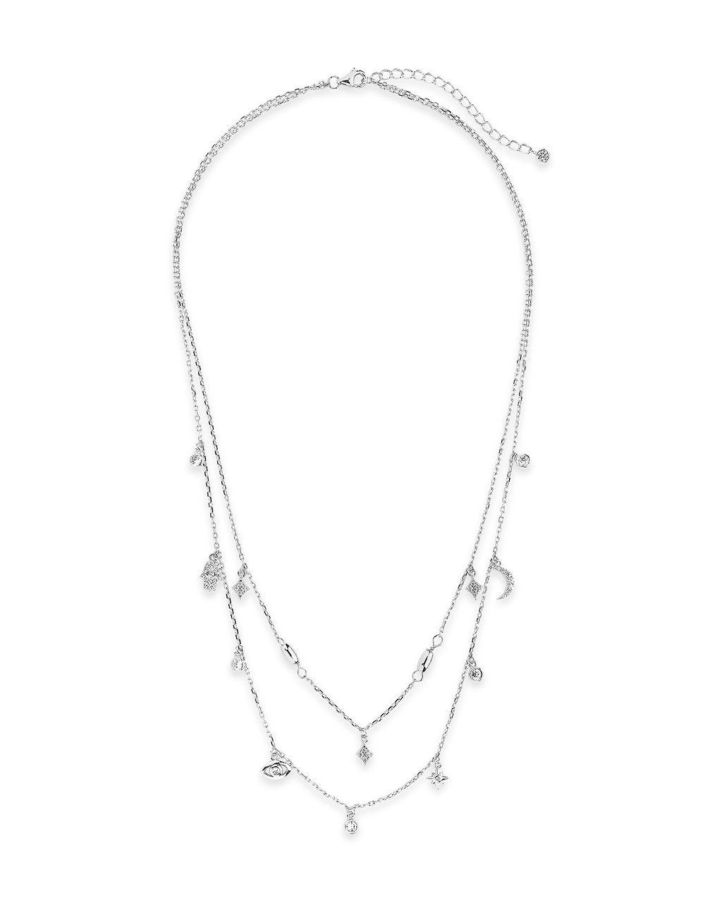 Sterling Silver CZ Evil Eye & Hamsa Layered Charm Necklace Necklace Sterling Forever 