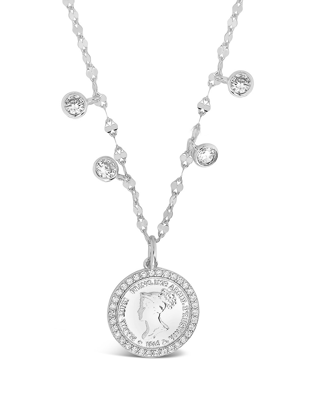 Sterling Silver Coin Medallion & Bezel CZ Charm Necklace Necklace Sterling Forever Silver 