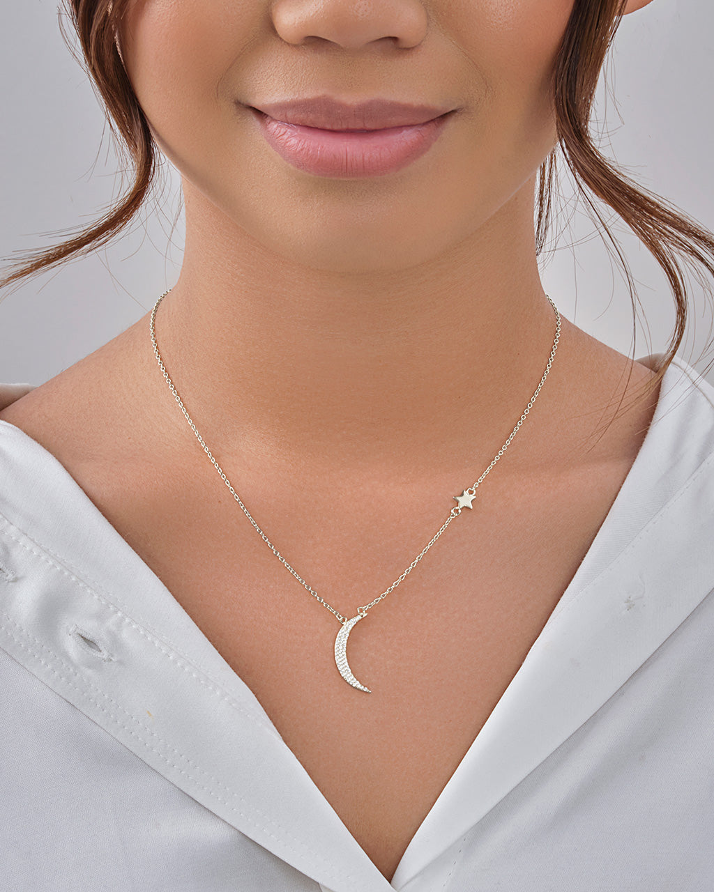 Sterling Silver CZ Moon with Star Charm Necklace Necklace Sterling Forever 