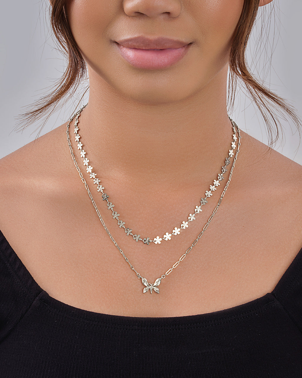 Butterfly & Daisy Chain Layered Necklace Necklace Sterling Forever 