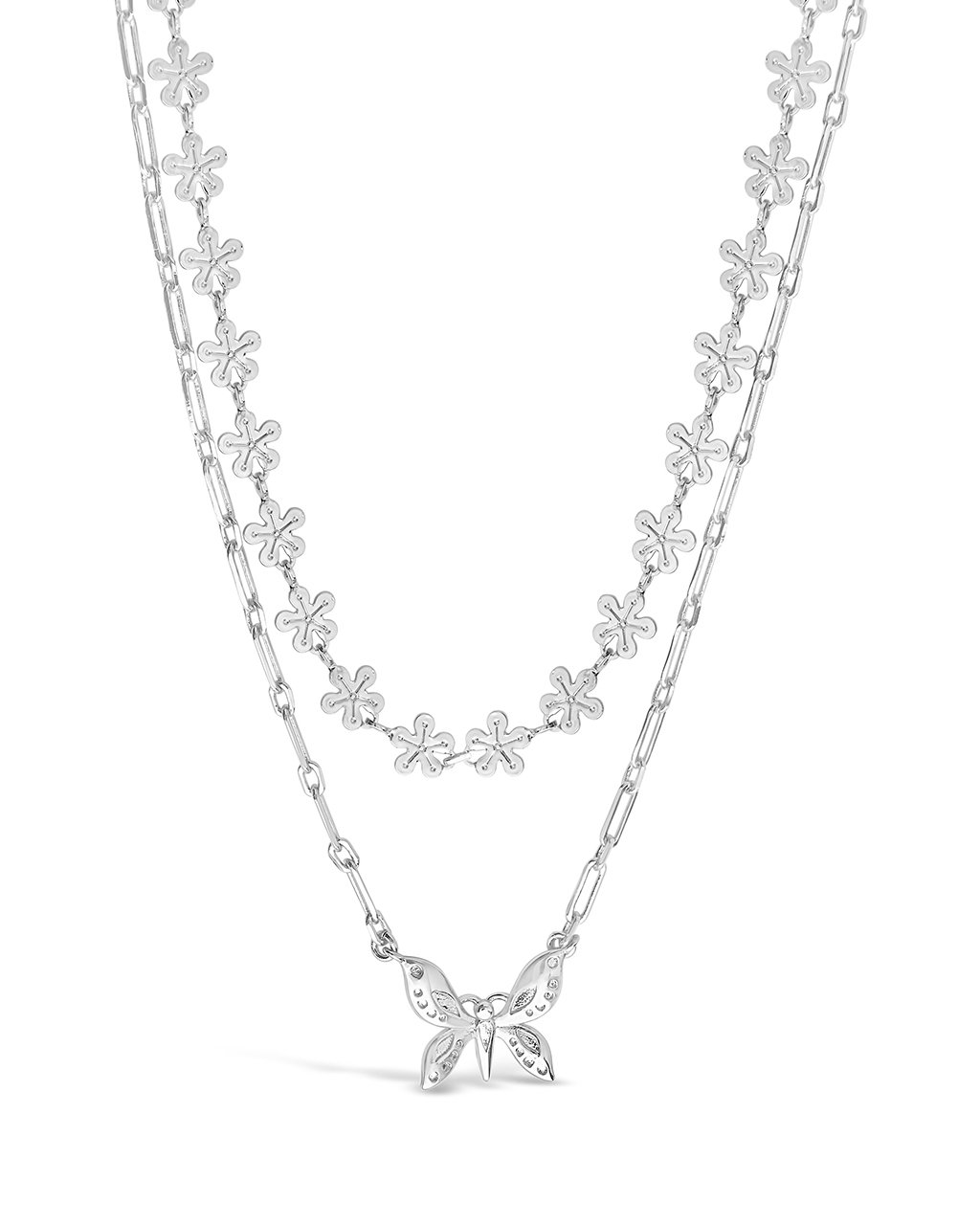 Butterfly & Daisy Chain Layered Necklace Necklace Sterling Forever Silver 