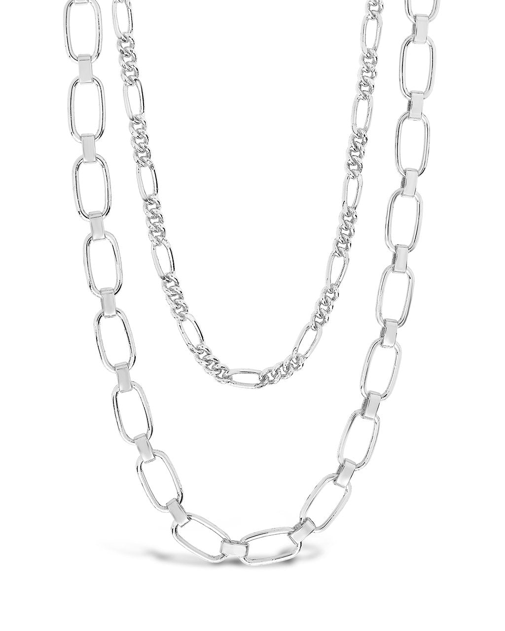 Figaro & Square Link Layered Chain Necklace Necklace Sterling Forever Silver 