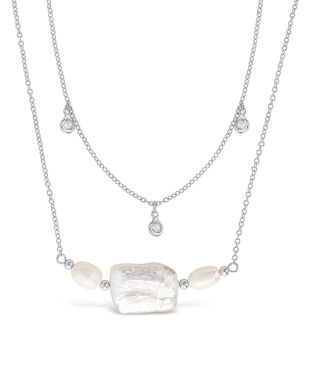 Bezel CZ and Pearl Layered Necklace - Sterling Forever