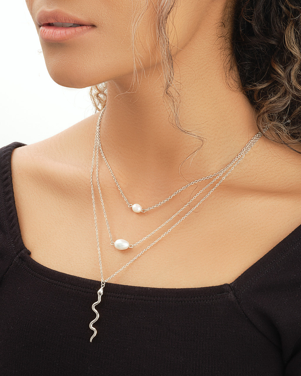 Wriggling Snake & Pearl Layered Necklace Necklace Sterling Forever 
