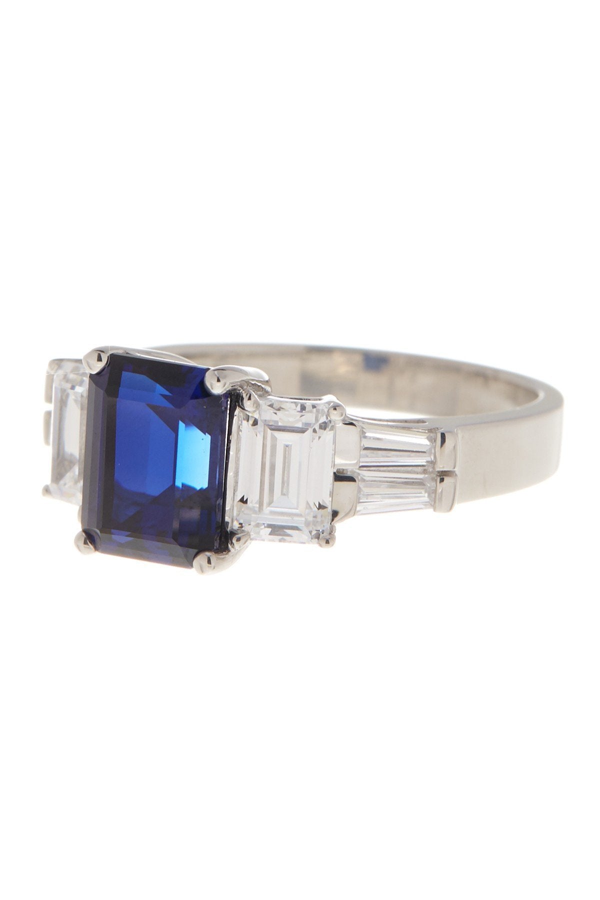 Sterling Silver Emerald Cut Blue Sapphire CZ 3-Stone Ring - Sterling Forever