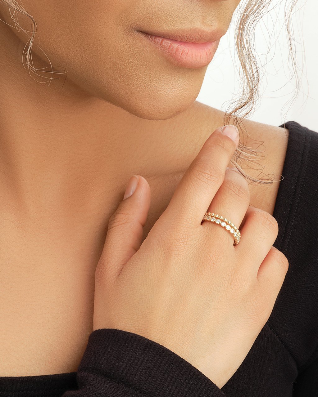 Sterling Silver Bezel Set CZ Beaded Band Stackable Ring Set