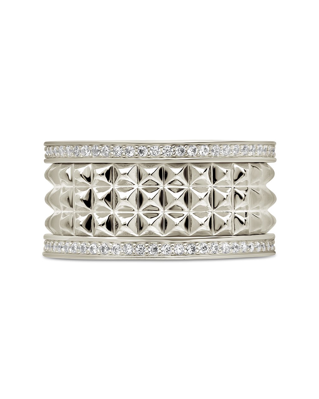 Textured Spike & CZ Thick Band Ring Ring Sterling Forever Silver 6 