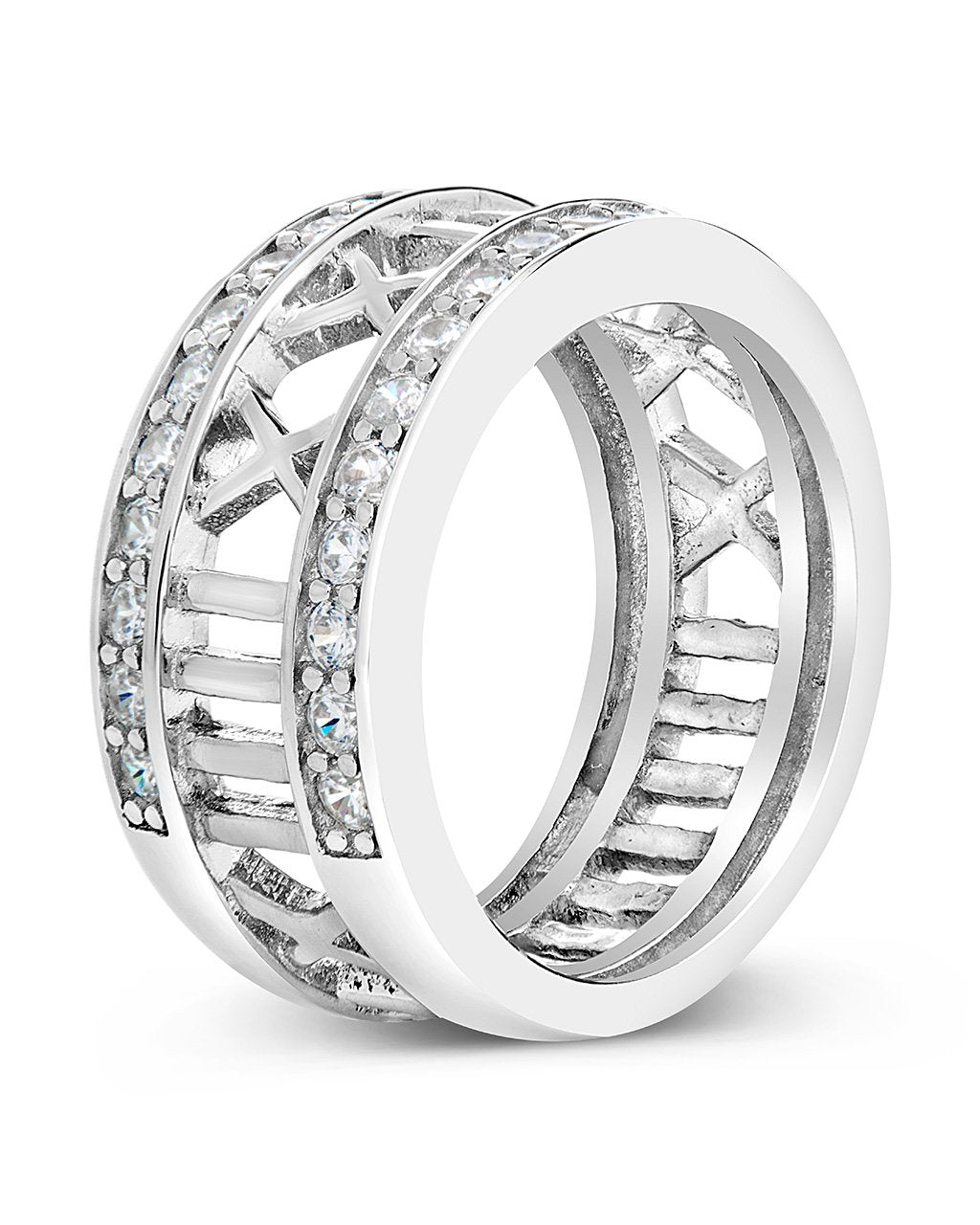 Sterling Silver Thick CZ Studded Roman Numeral Band Ring Ring Sterling Forever 