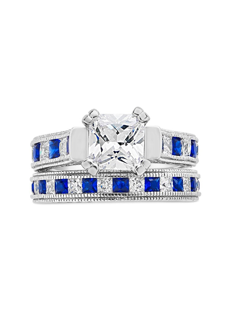 Sterling Silver Princess Cut CZ & Sapphire Blue CZ Ring Set of 2 - Sterling Forever