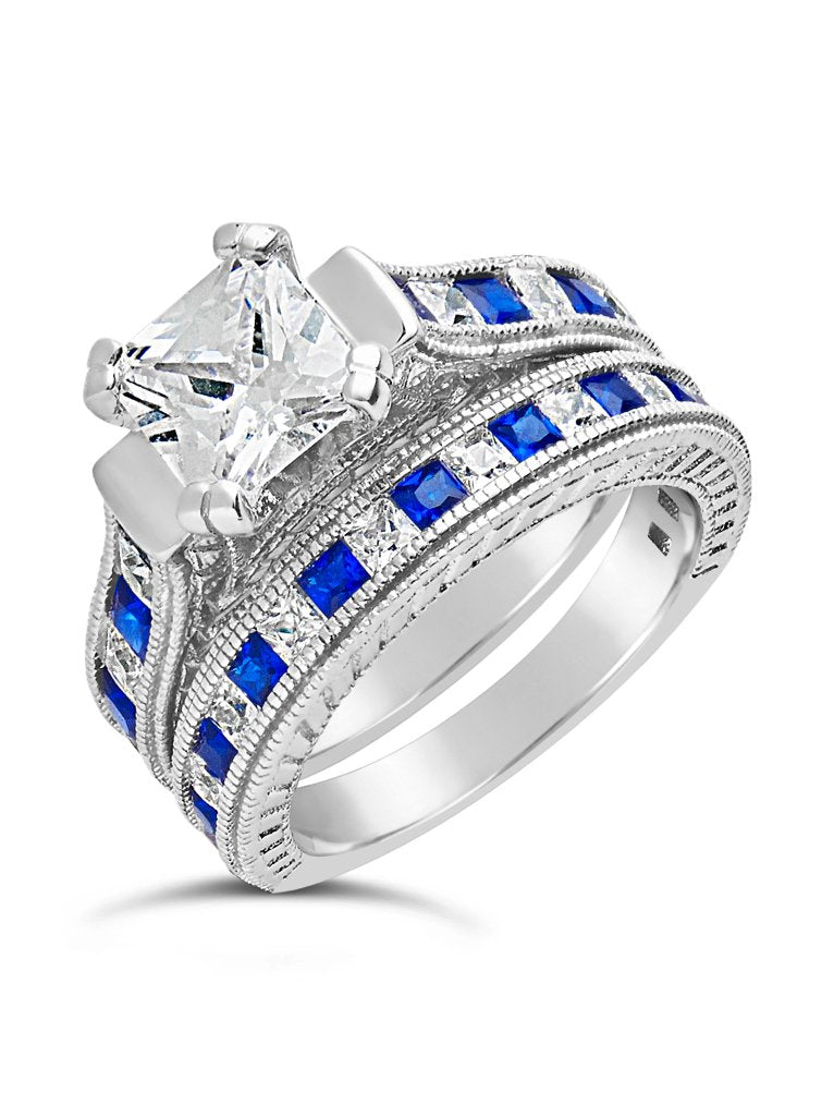 Sterling Silver Princess Cut CZ & Sapphire Blue CZ Ring Set of 2 - Sterling Forever