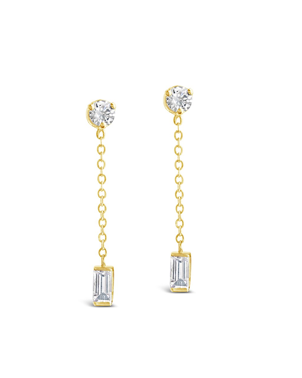 14K Gold Baguette Diamond Chain Drop Stud Earrings Fine Earring SF Fine 14K Yellow Gold 