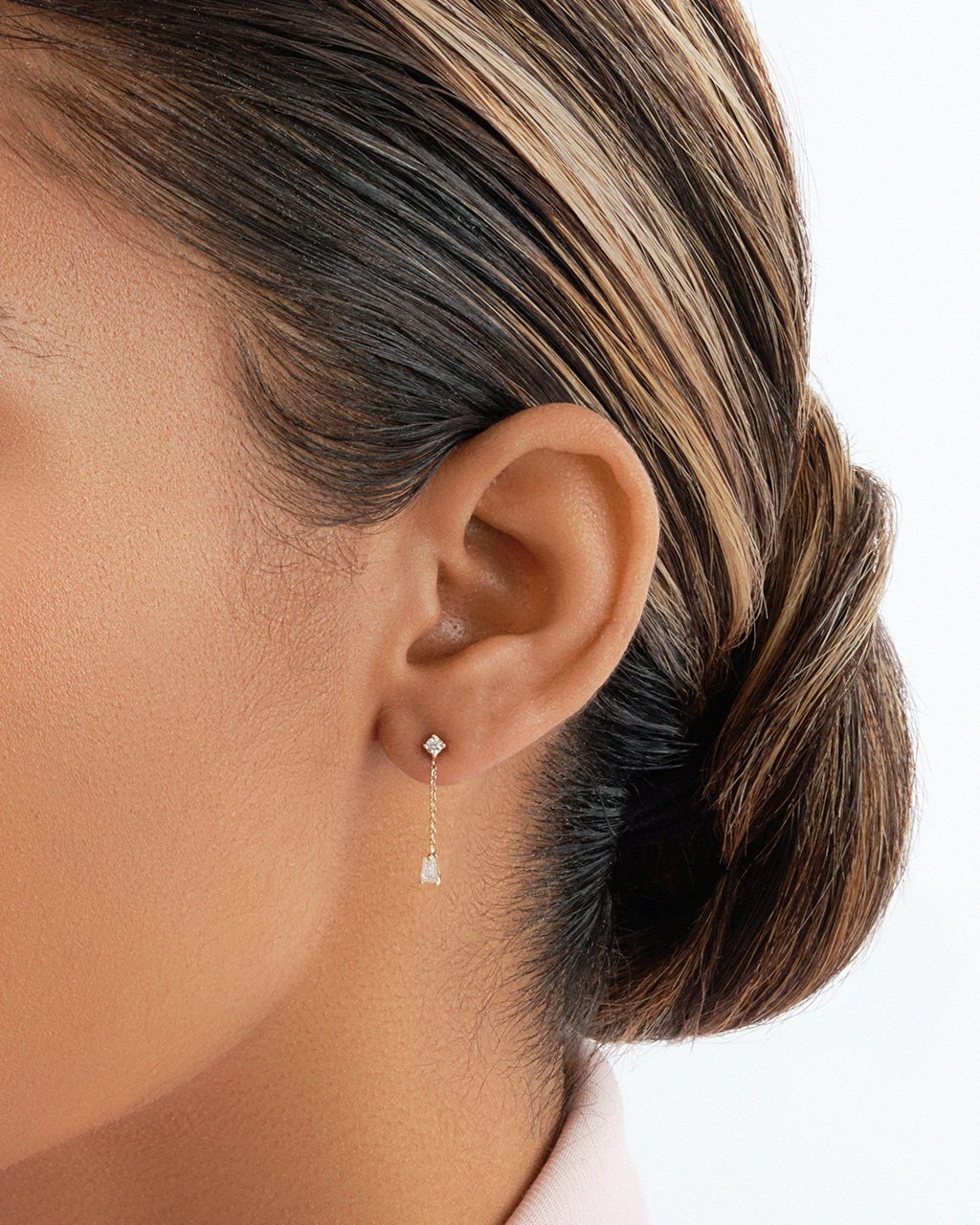 14K Gold Tapered Baguette Diamond Chain Drop Stud Earrings Fine Earring SF Fine 