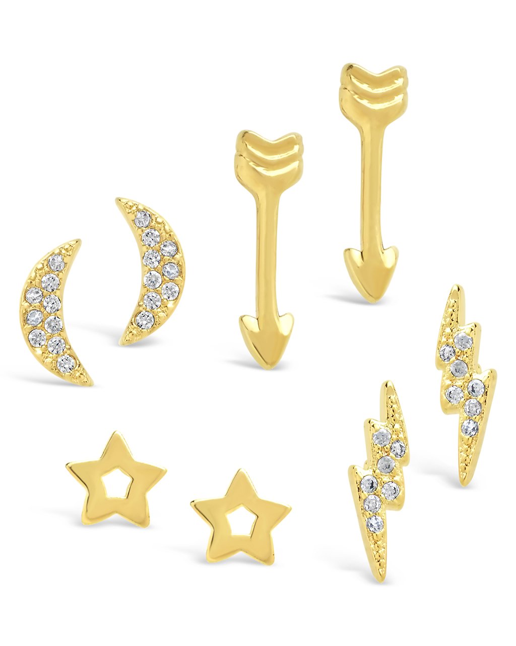 Pave CZ Star, Lightning Bolt, Moon, & Arrow Stud Earring Set - Sterling Forever