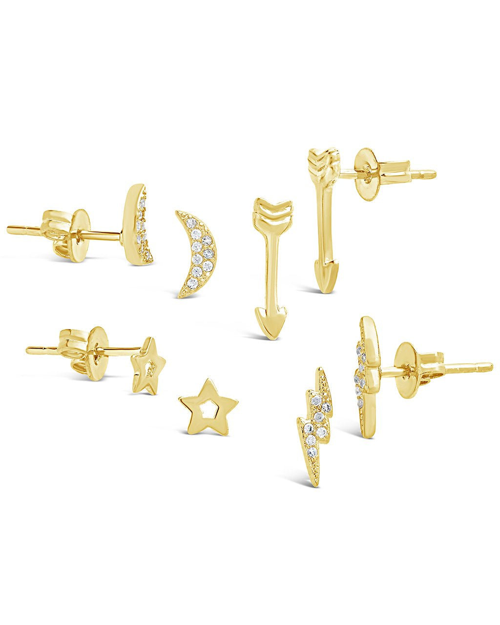 Pave CZ Star, Lightning Bolt, Moon, & Arrow Stud Earring Set - Sterling Forever