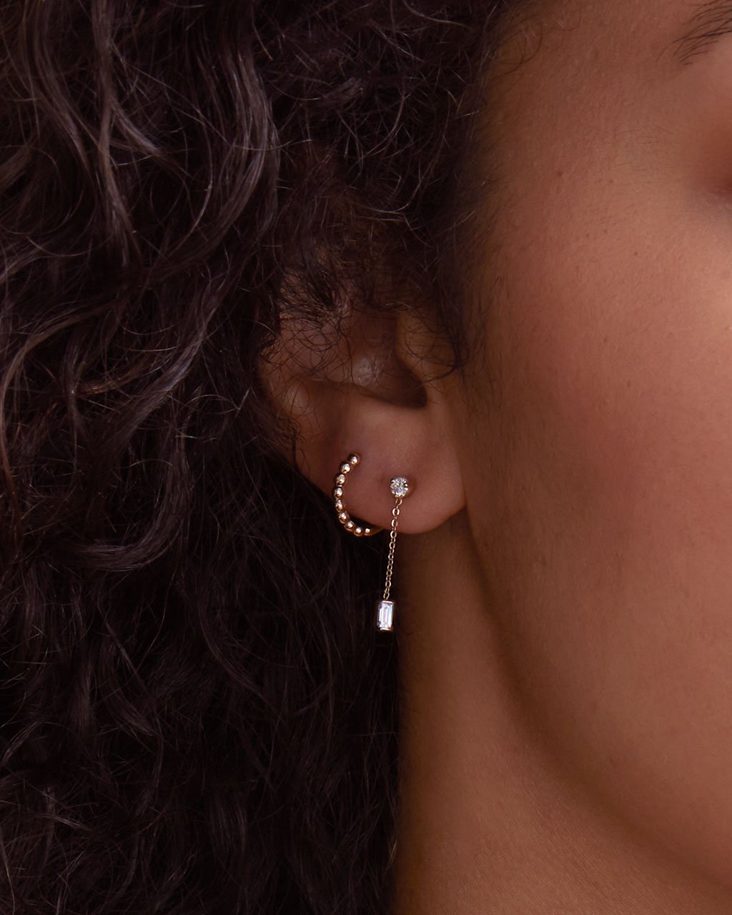 14K Gold Baguette Diamond Chain Drop Stud Earrings Fine Earring SF Fine 
