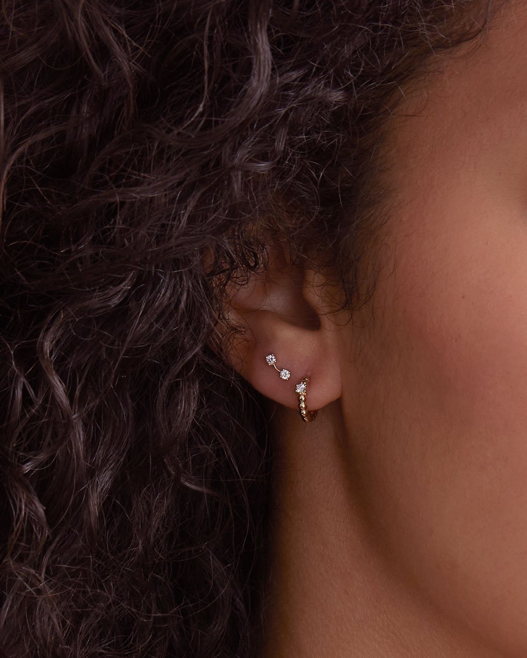 14K Gold Bead & Diamond Huggie Hoop Earrings Fine Earring SF Fine 